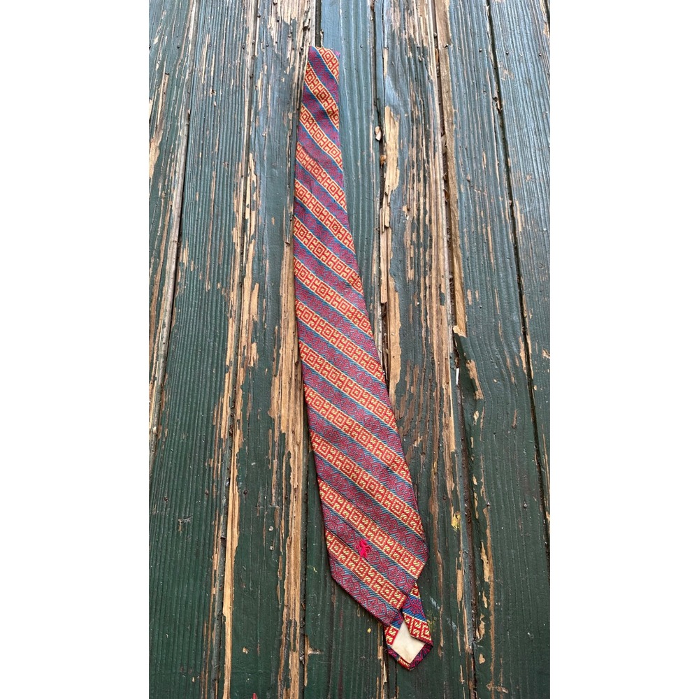 Vintage Bronzini All Silk Tie Red Gold Blue‎ Geometric Jacquard Unicorn Logo
